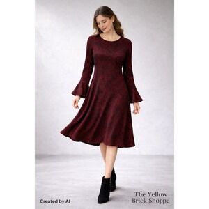 Michael Kors Dark Red & Black Lace Print‎ A-Line Dress Bell Sleeves Size 1X
